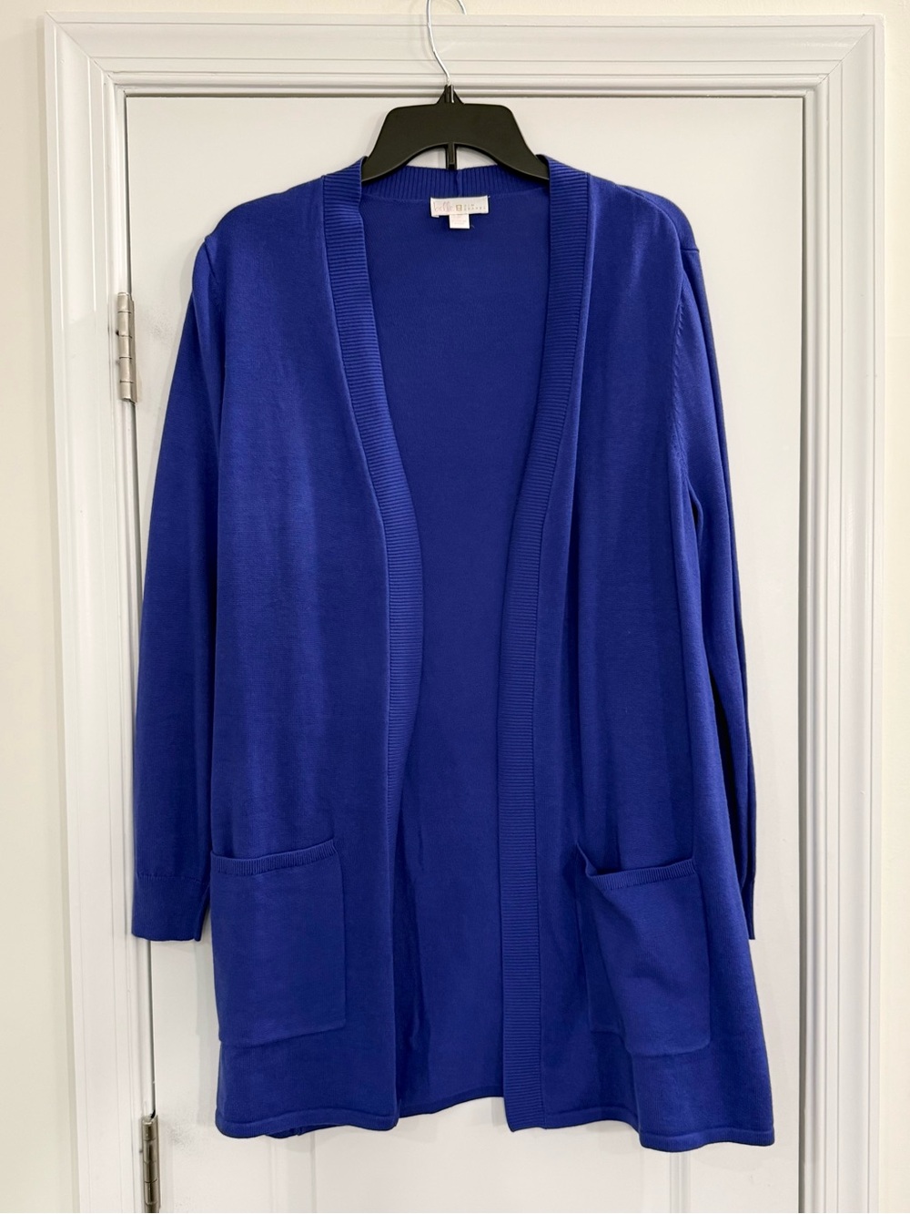 Belle by Kim Gravel Blue Open Front Long Cardigan Women’s M Pockets NWOT